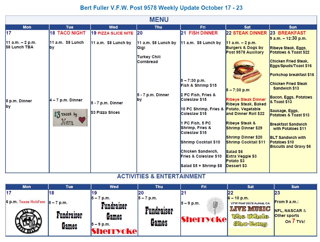 Events & Activities &ndash; VFW Bert Fuller POST 9578