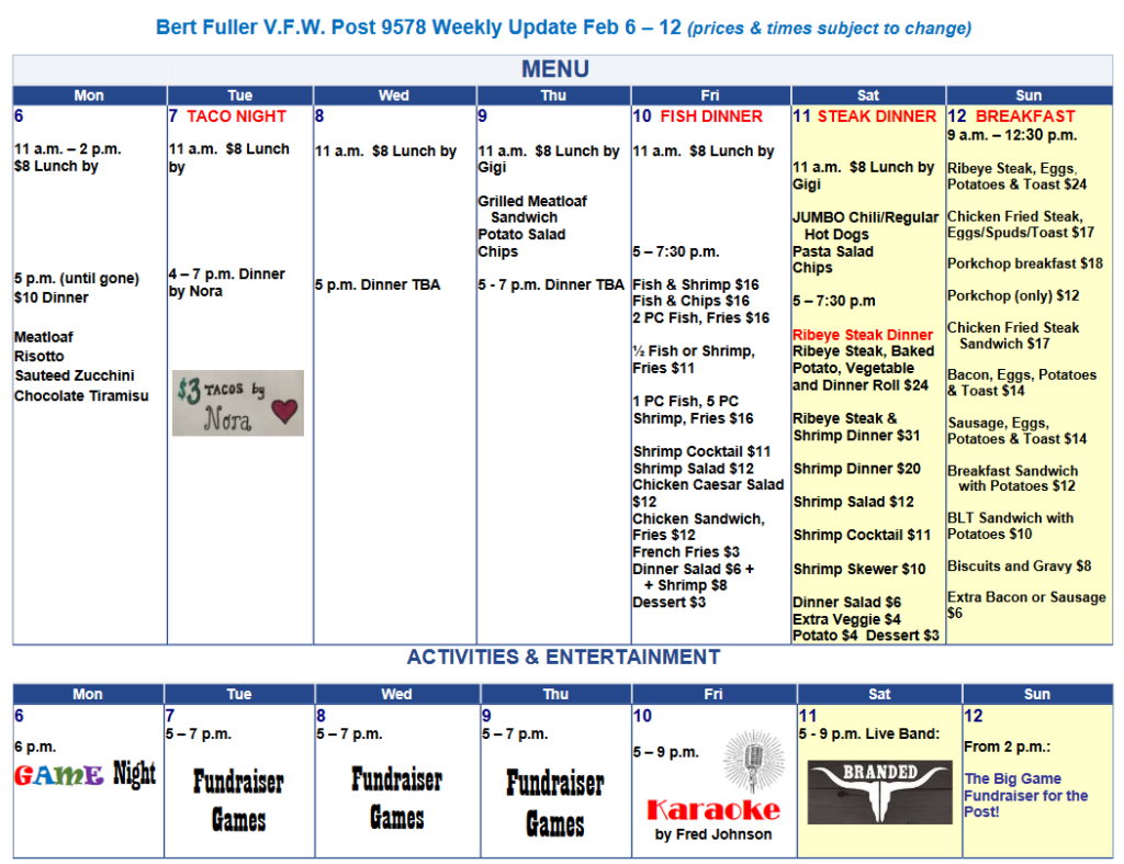 Events & Activities &ndash; VFW Bert Fuller POST 9578